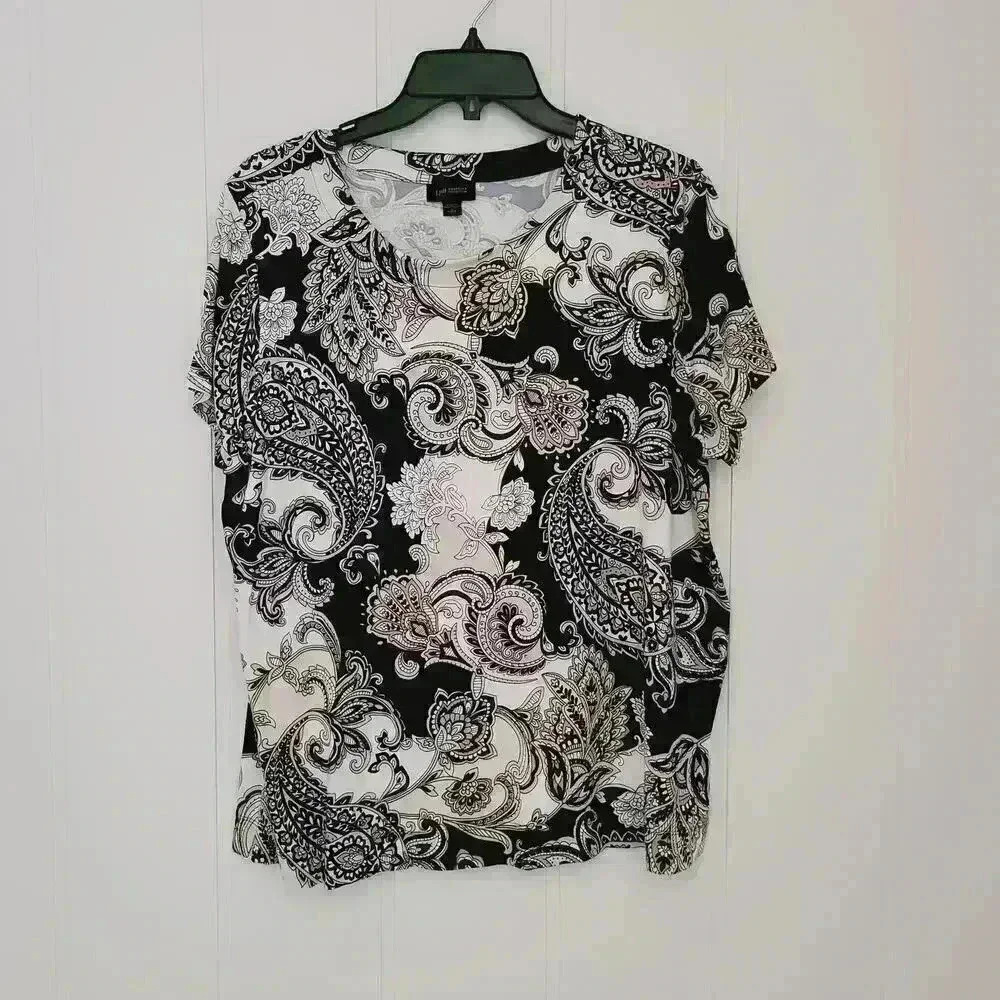 J Jill Wearever Collection Sz L Top- Navy Beige Paisley Short Sleeved Tee Tunic